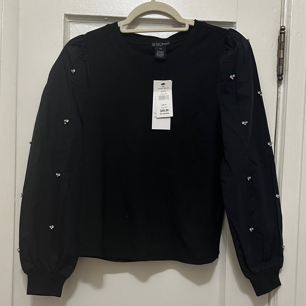 Design Lab Lord & Taylor Black Embellished Blouse
